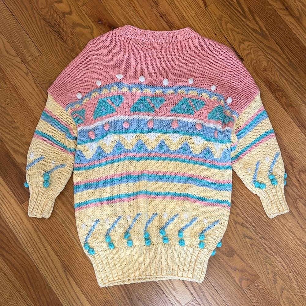 Vintage Angel Hand Knit Pastel Spring/Easter Crewneck Sweater w/Pom-Poms, M - Picture 6 of 6